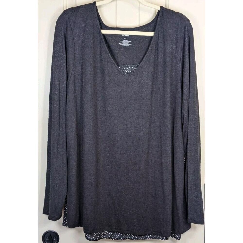 EVRI Black Knit Pullover Tunic Top Polka Dot Back Size 2X V-Neck Long Sleeve NWT